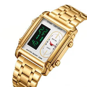 Gold square men's watch with LED digital and quartz analog dual display from Bestwin brand