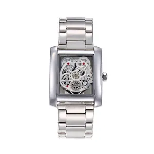 Men's Fashion Square Quartz Watch Hollow Skeleton Dial Stainless Steel Band Waterproof Business Luminous Wristwatch Analog Clock