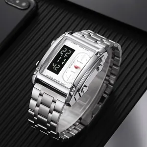 Modern square men's digital analog watch with stainless steel band and LED light