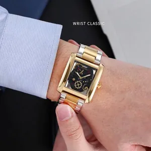 Elegant skeleton square quartz watch for men with two-tone metal strap