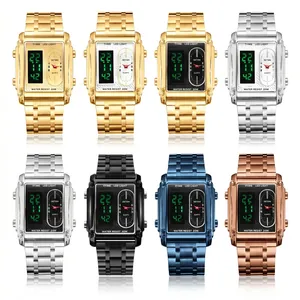 Square men's dual display watch with LED and quartz movement in multiple colors