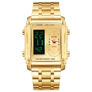 Luxury gold plated BESTWIN men's square watch with dual LED digital and quartz display