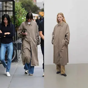 Detailed comparison of long khaki oversized trench coat in street and studio settings