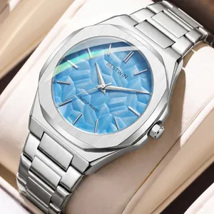 Montre à Quartz de Mode pour Hommes Avec Cadran à Feuilles en Relief Boîtier en Alliage Octogonal Bracelet en Acier Inoxydable