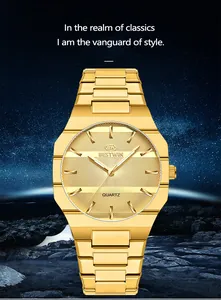 Luxurious gold thin quartz watch for men with octagonal bezel and starry background