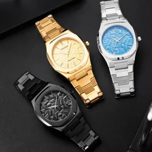 Montre à quartz BESTWIN pour hommes avec cadran à motif de feuilles et bracelet en acier