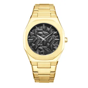 Montre à quartz luxe pour homme avec bracelet doré et cadran noir à relief de feuilles