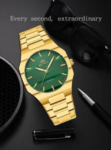Close-up shot of Bestwin luxury gold men's watch featuring a stylish green dial design