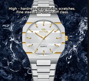 Detail view of BESTWIN men's luxury watch with octagonal steel case and water splash background.