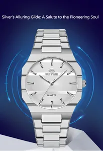 Detailed view of BESTWIN men's silver quartz watch with luminous textured dial