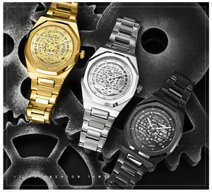 Vue détaillée des montres BESTWIN pour hommes avec cadran squelette en or, argent et noir.