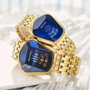 Close-up of BESTWIN men's LED watch featuring blue triangular dial and gold strap