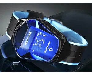 Close-up view of BESTWIN touch watch with faceted blue LED crystal and silicone strap.