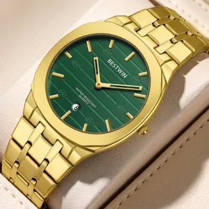 BESTWIN Men's Ultra-Thin Quartz Watch Stainless Steel Band Fashion Business Wristwatch Green Dial Date Water Resistant