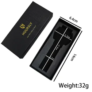 Boîte cadeau montre rectangulaire noire de luxe avec dimensions et détails mousse