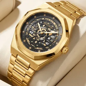 Montre-Bracelet à Quartz de Luxe pour Homme Lunette Octogonale Cadran Squelette Lumineux Date Étanche Boîtier en Alliage Bracelet en Acier Inoxydable