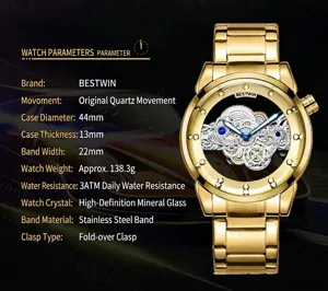 Détails de la montre à quartz squelette avec boîtier de 44 mm et bracelet en acier