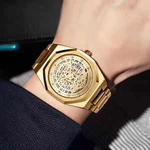 Montre à quartz squelette dorée de luxe pour hommes avec lunette octogonale en métal