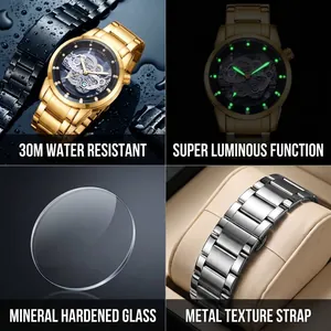 Montre squelette HOURSLY pour hommes, étanche 30m, aiguilles lumineuses et bracelet métal