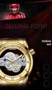 Vue détaillée d'une montre dorée pour homme avec cadran squelette et style mécanique.