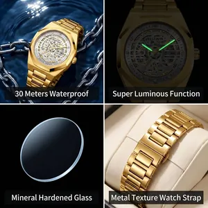 Montre squelette dorée pour hommes BESTWIN avec aiguilles lumineuses et étanche 30m