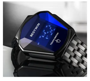 Close-up of BESTWIN men's LED watch with shield-shaped blue crystal and touch screen