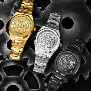 Montres BESTWIN pour hommes avec cadran squelette, bracelet métal et calendrier sur engrenages