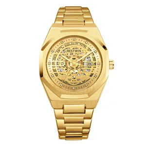 Montre à quartz dorée BESTWIN pour hommes avec cadran squelette et lunette octogonale