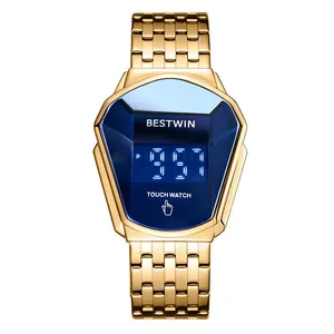BESTWIN Men LED Digital Watch Waterproof Touch Screen Stainless Steel Silicone Strap Shield Geometric Fashion Sport Wristwatch