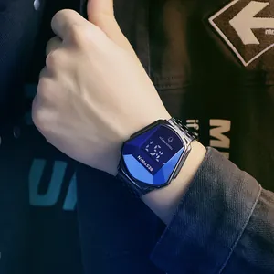 BESTWIN men's LED touch watch with asymmetric blue geometric crystal face