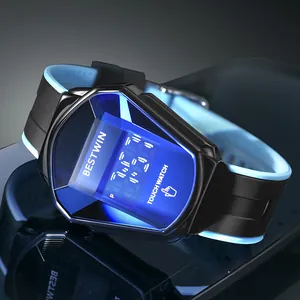 BESTWIN men's LED touch watch with unique shield case and dual-color silicone strap