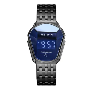 BESTWIN men's luxury LED digital touch watch featuring black metal strap and blue faceted lens