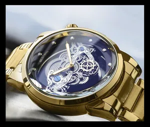 Close-up of golden skeleton men's watch dial showing intricate mechanical details