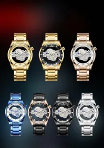 Détail montrant 7 variantes de couleurs de montres squelettes pour hommes au fini métallique