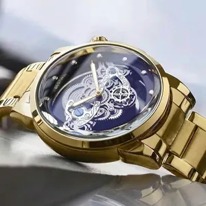 BESTWIN Luxury Men Skeleton Watch Quartz Fashion Luminous Waterproof Stainless Steel Hollow Dial Wristwatch