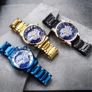 Stylish men's skeleton quartz watches with metallic bands and mineral glass