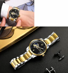 Montre mécanique automatique squelette pour homme bicolore or et argent avec cadran noir