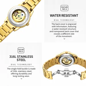 Vue détaillée de la boucle en acier 316L et du dos squelette d'une montre en or pour homme
