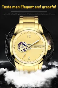Luxury gold men's automatic skeleton mechanical watch featuring BESTWIN branding