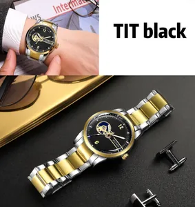 Men's skeleton automatic mechanical watch with two-tone silver and gold steel band