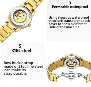Detailed view of a gold automatic mechanical watch featuring 316L stainless steel.