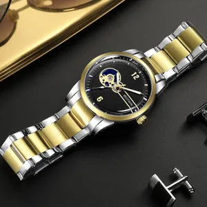 Luxury men's skeleton automatic mechanical watch with two-tone stainless steel band