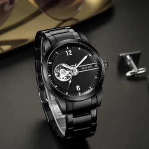 Elegant all-black men's automatic mechanical wristwatch featuring a skeleton open-heart dial design
