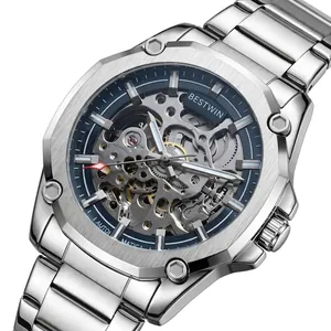 Bestwin Montre Mécanique Automatique Squelette de Luxe Homme Acier Inoxydable Brossé Lunette Octogonale Lumineux Étanche Montre-Bracelet Business