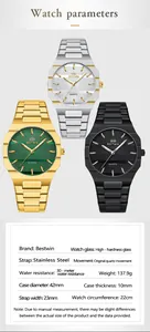 Detailed specifications for Bestwin men's business quartz wristwatches in three colors