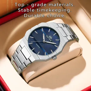 Detailed close-up of a Bestwin men's quartz watch featuring a blue textured dial.
