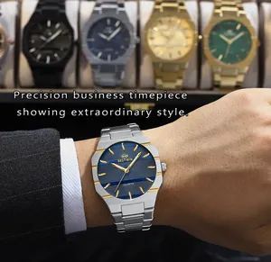 Close-up of Bestwin slim business watch with blue dial and steel strap on wrist