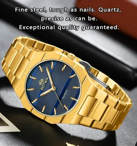 Close-up detail of Bestwin gold slim men's quartz watch showing blue textured dial