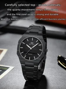 Detail of BESTWIN black steel quartz business watch with luxury textured dial.