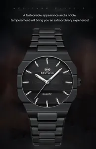 Front view of Bestwin sleek black quartz business watch for men with textured dial and steel strap